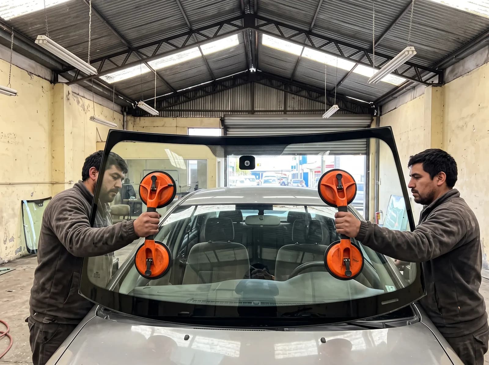 Dos técnicos levantando un parabrisas con ventosas frente a un sedán, dentro del taller