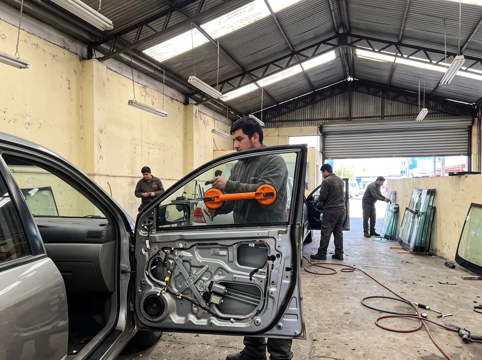 Técnico bajando un vidrio nuevo en la puerta delantera, con el panel interior desmontado