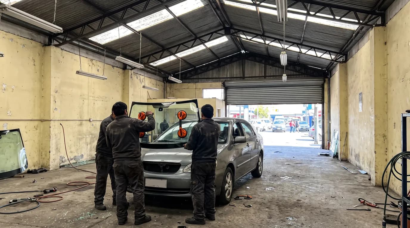 Dos técnicos instalando un parabrisas con ventosas en un sedán, dentro del taller