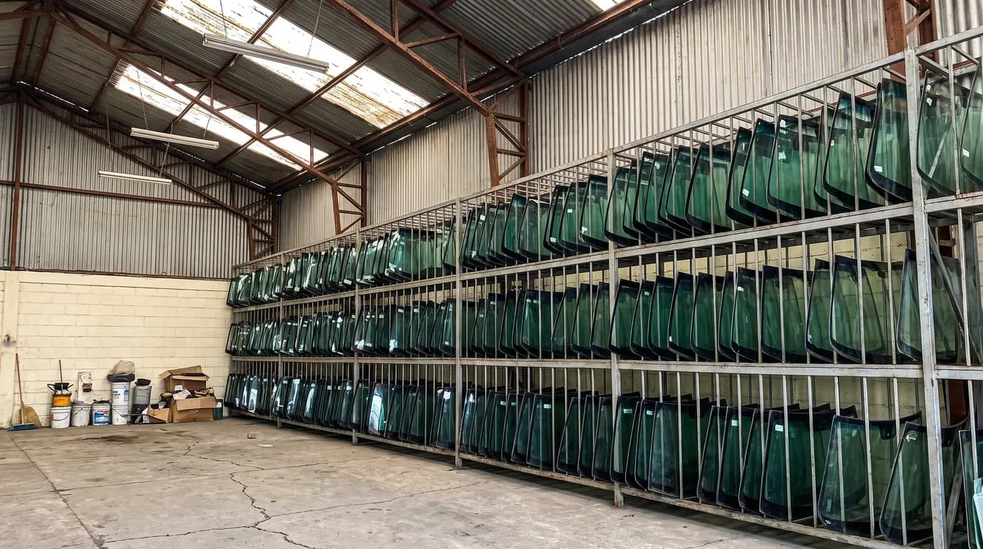 Estantes metálicos con parabrisas en stock, apilados en tres niveles
