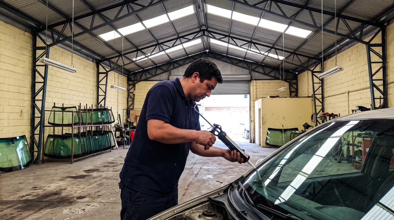 Técnico aplicando adhesivo de uretano en el marco de un parabrisas