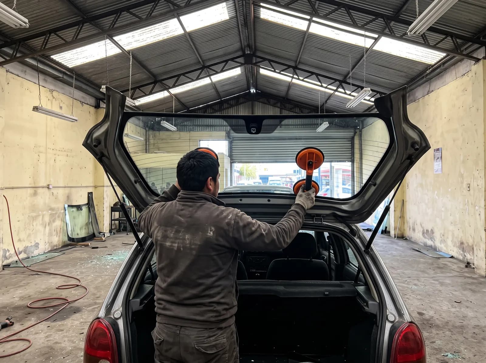Técnico instalando la luneta trasera de un hatchback con el portalón abierto